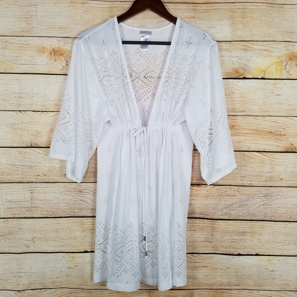 Dotti Swim Cover Up Womens Sz S ‎ Eyelet Crochet Tunic White Dress Top Tie Waist